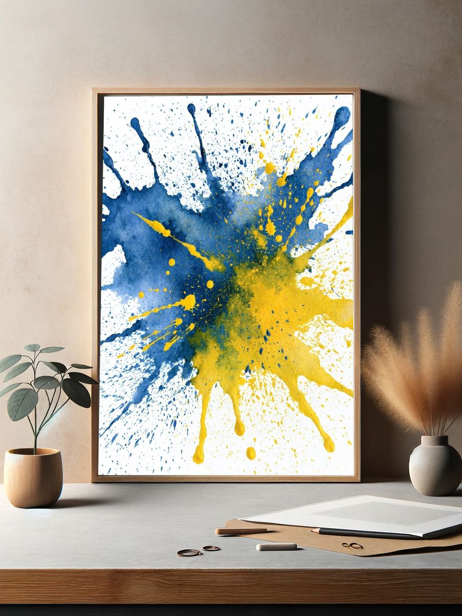 Blue and Yellow Splash Abstract Poster. — room view 2