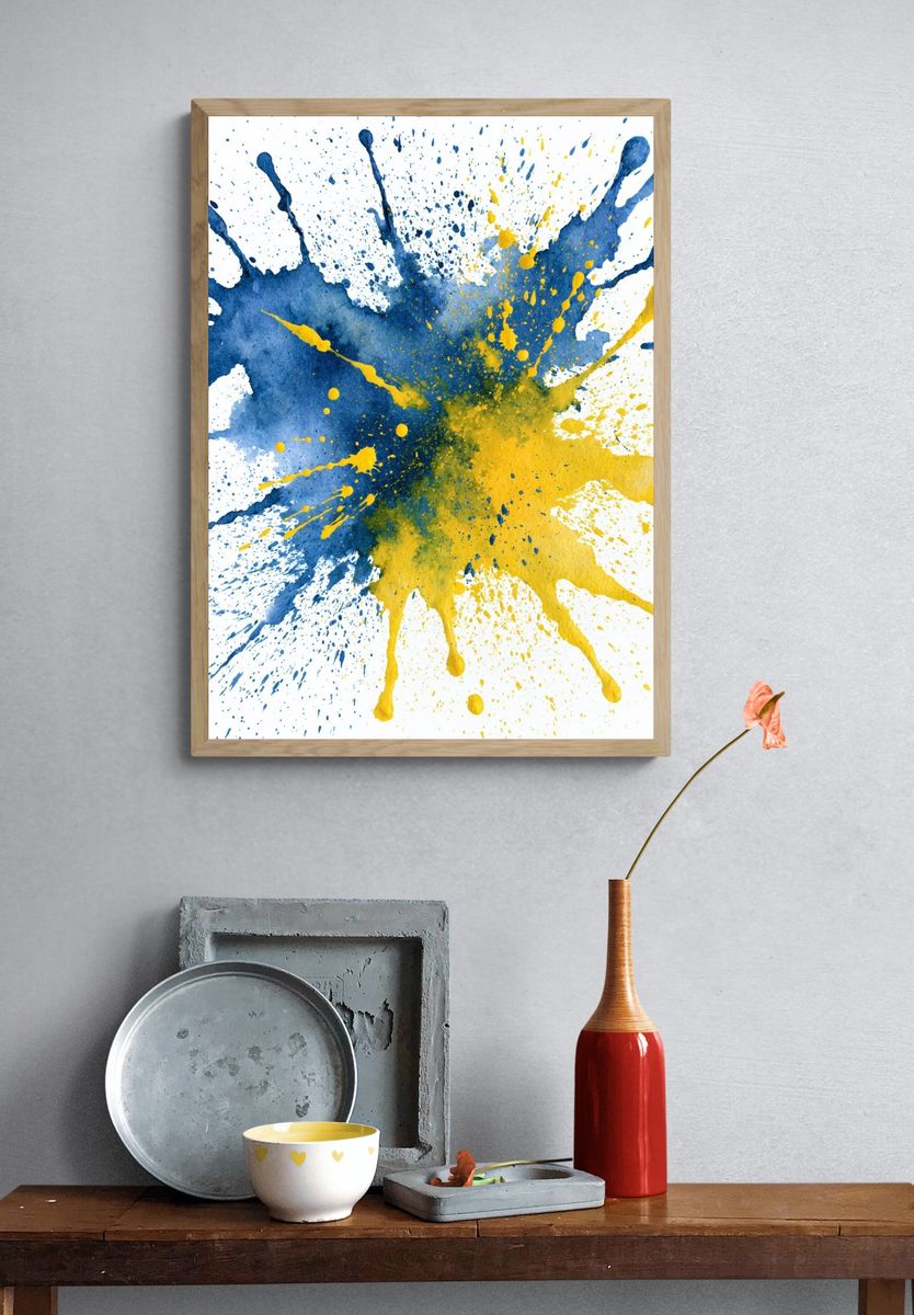 Blue and Yellow Splash Abstract Poster. — room view 3