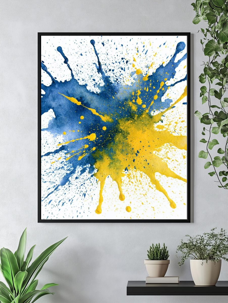 Blue and Yellow Splash Abstract Poster. — room view 4