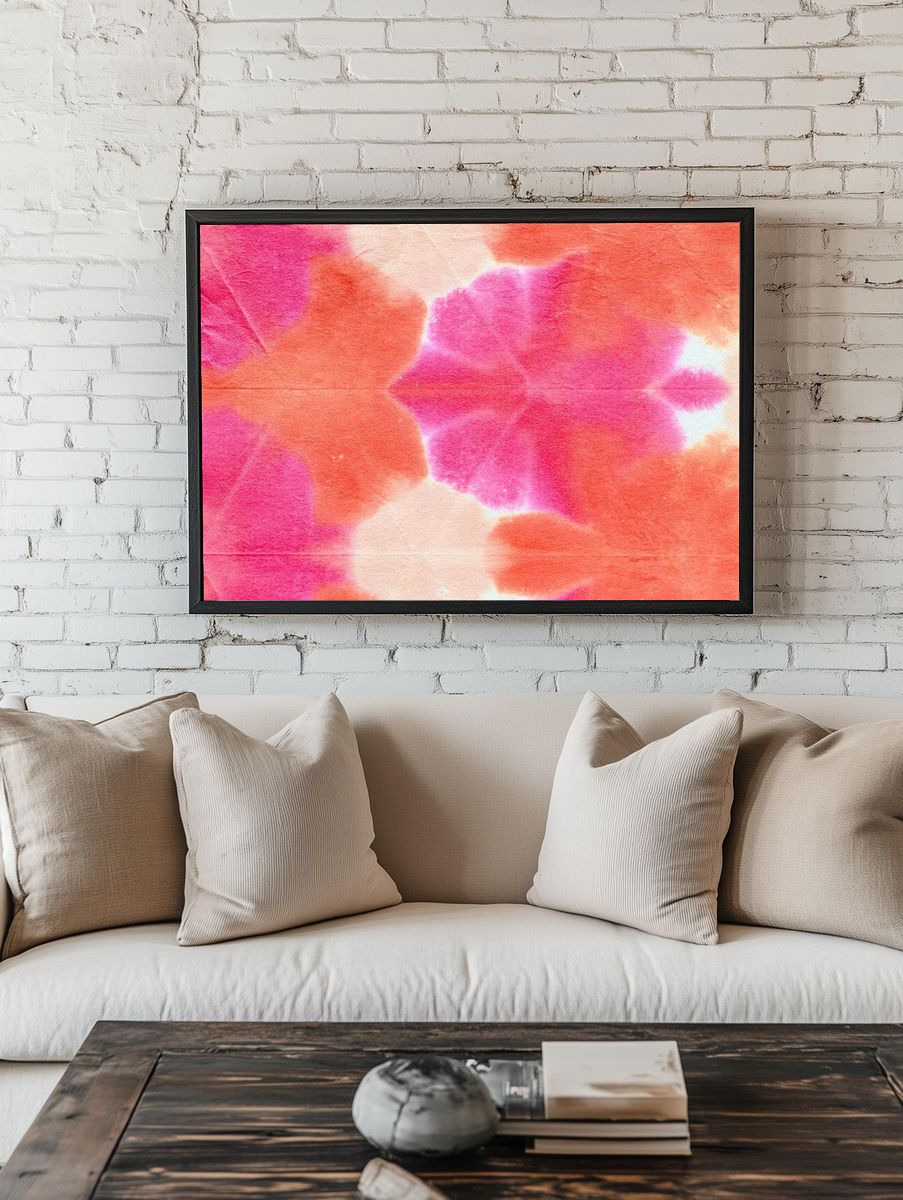 Orange pink shibori patterned background. room preview