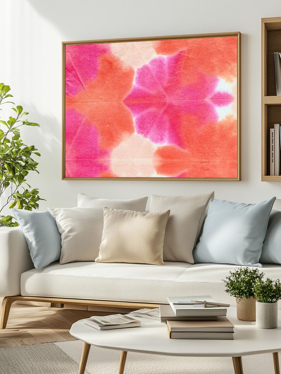 Orange pink shibori patterned background. — room view 2