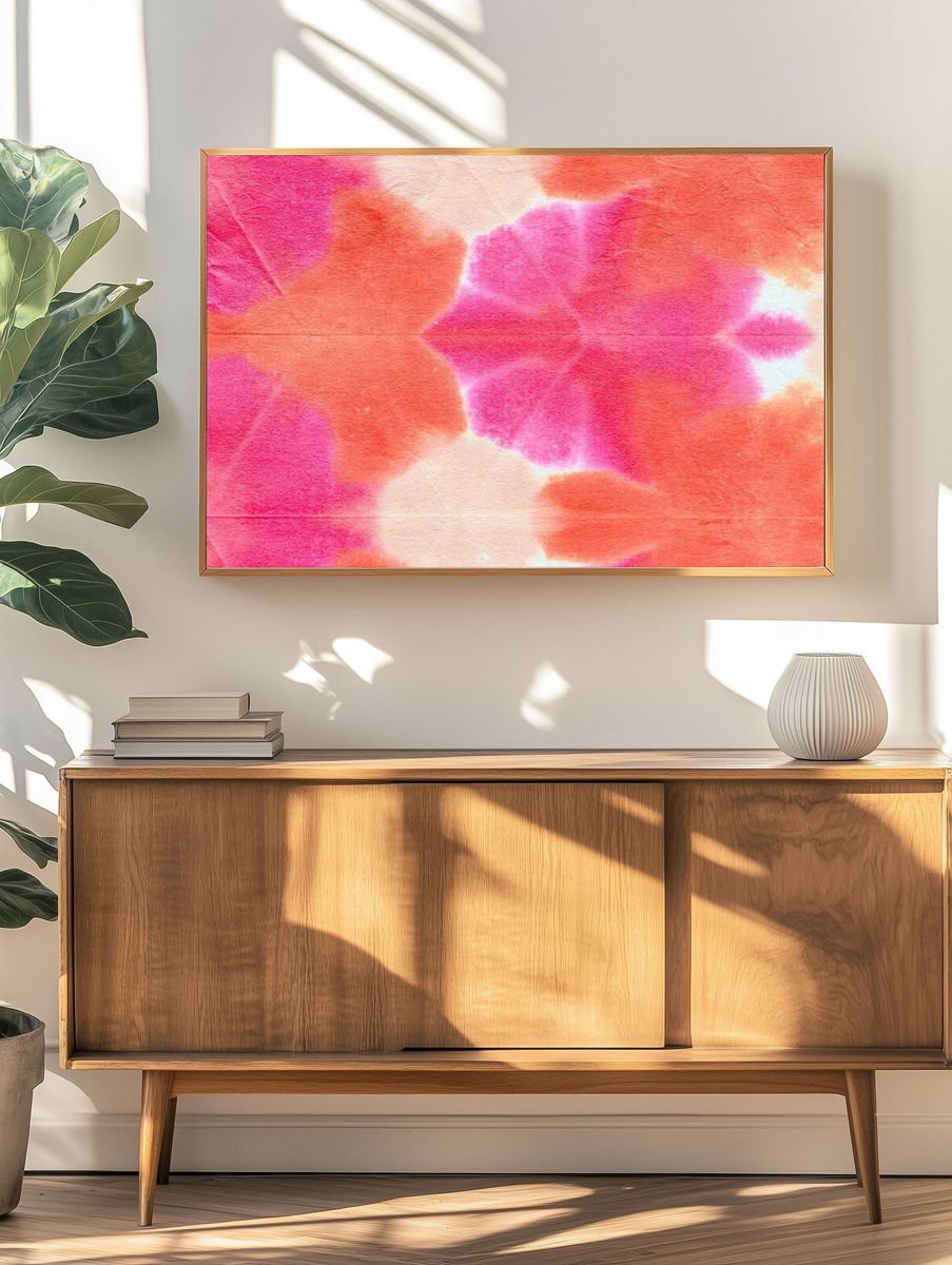 Orange pink shibori patterned background. — room view 3