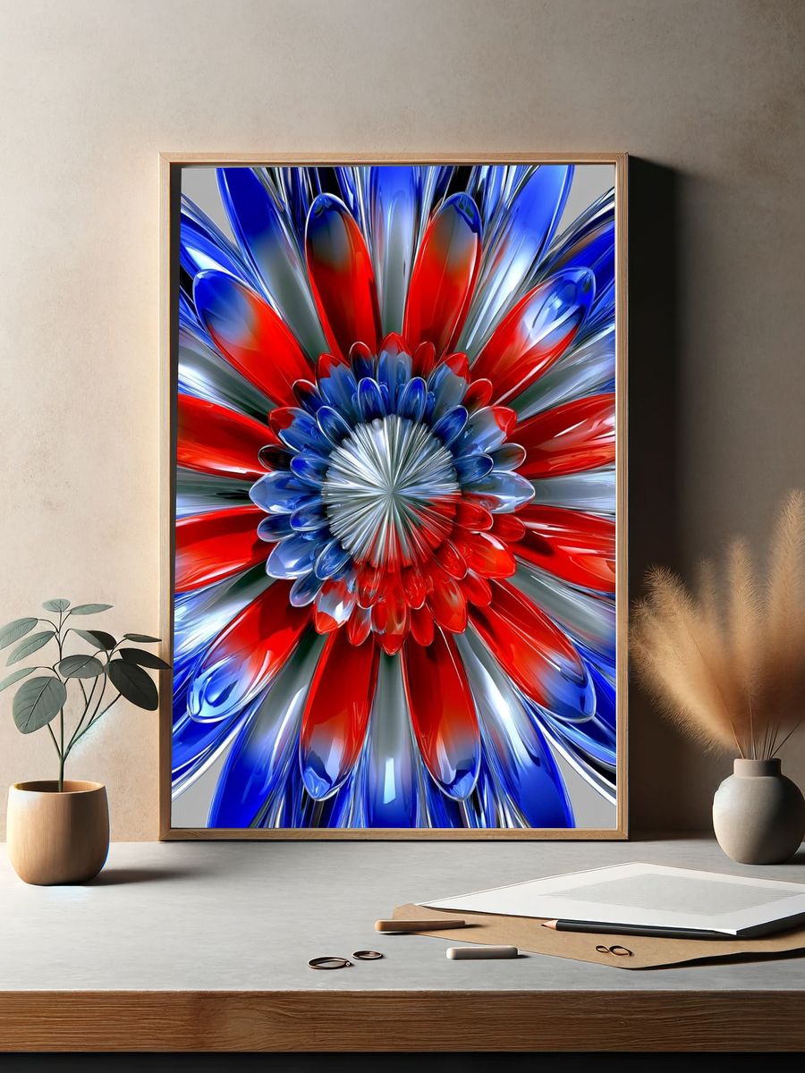 Red Blue Glass Bloom Abstract Poster. — room view 2