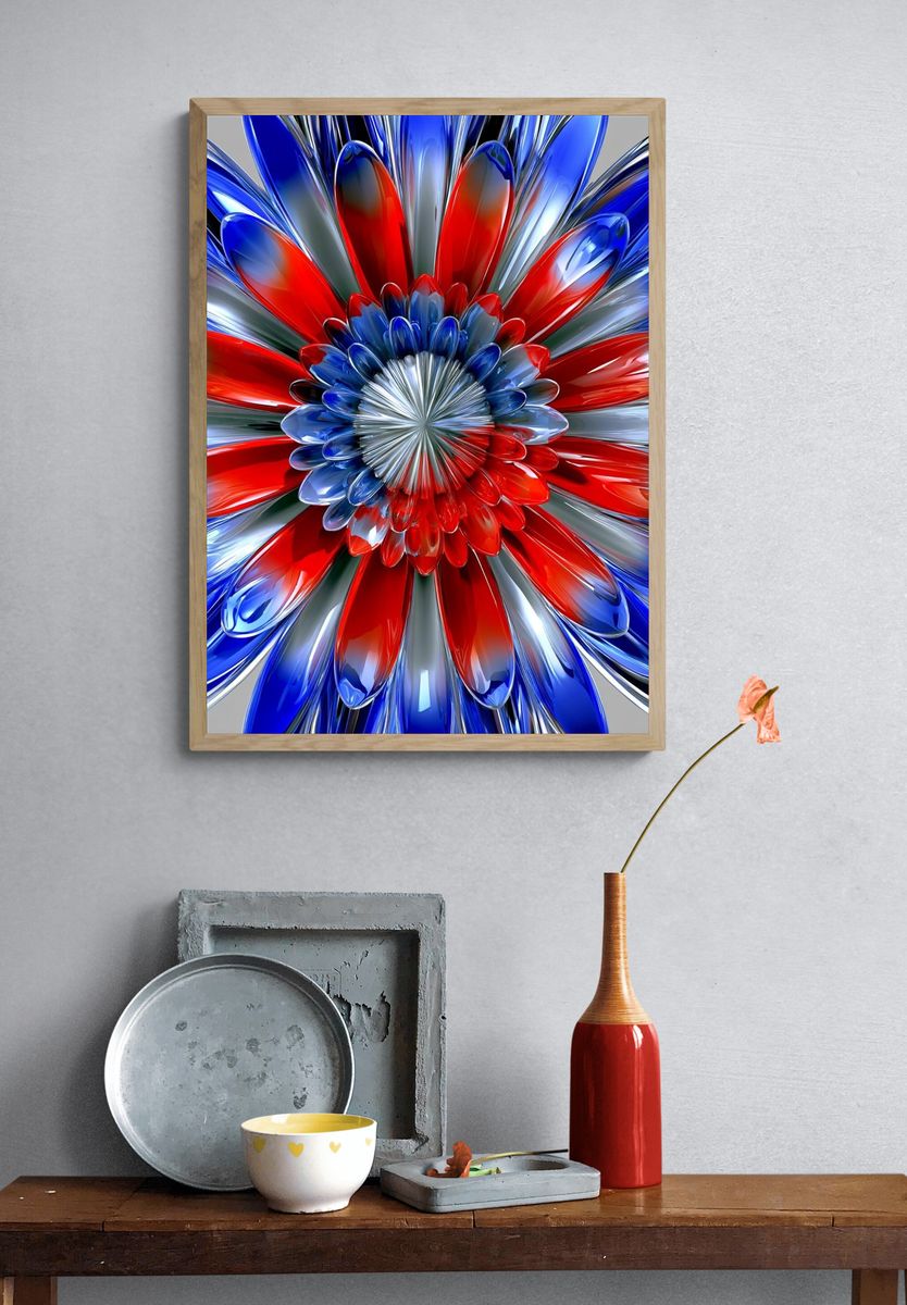 Red Blue Glass Bloom Abstract Poster. — room view 3