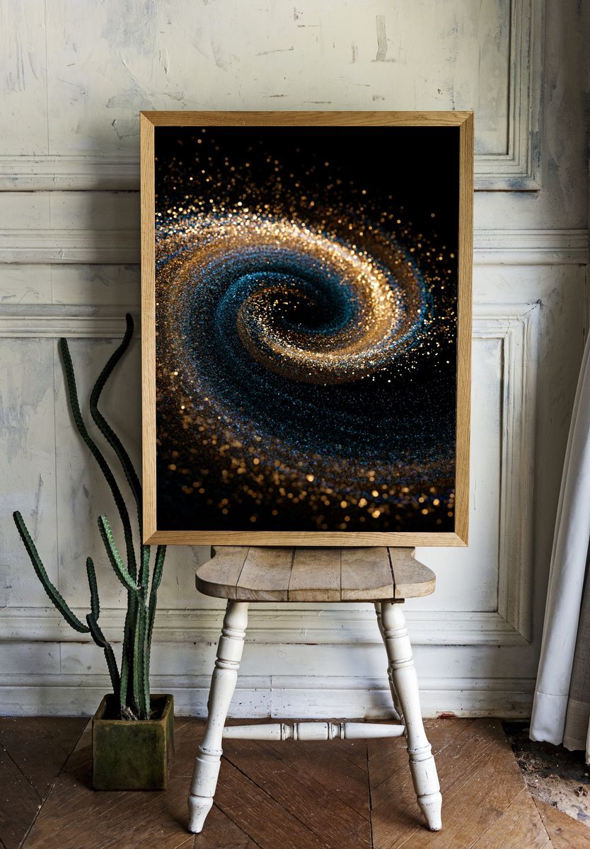 Golden Cosmic Spiral Abstract Poster. — room view 1