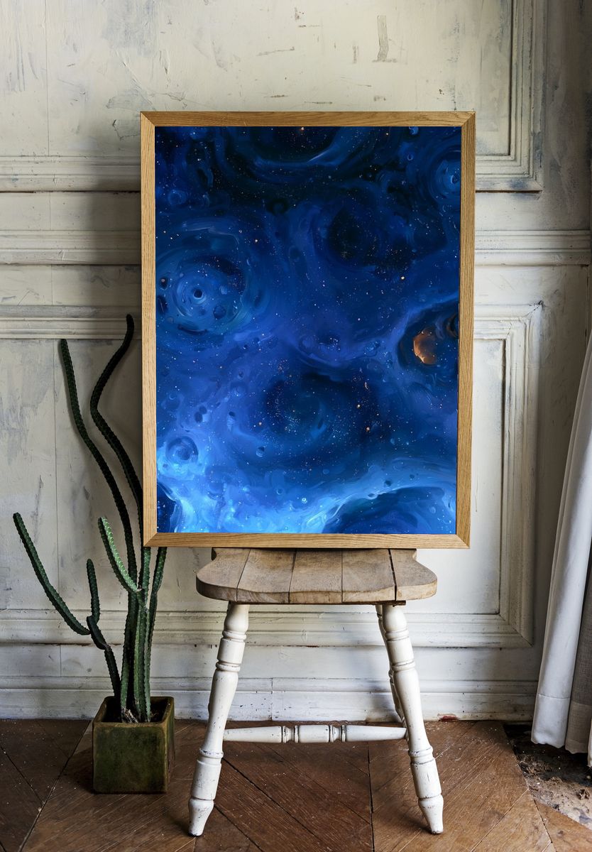 Blue Cosmic Swirls Abstract Poster. room preview