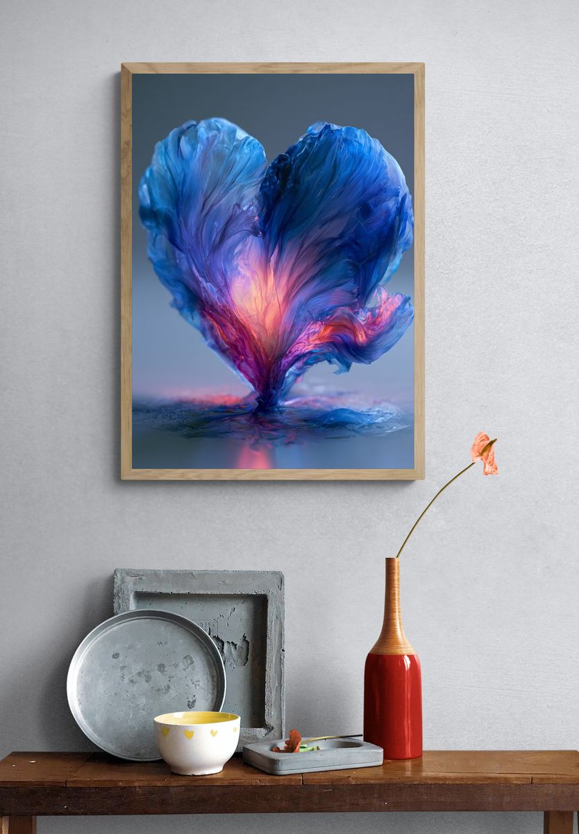Blue Heart Bloom Abstract Poster. — room view 3