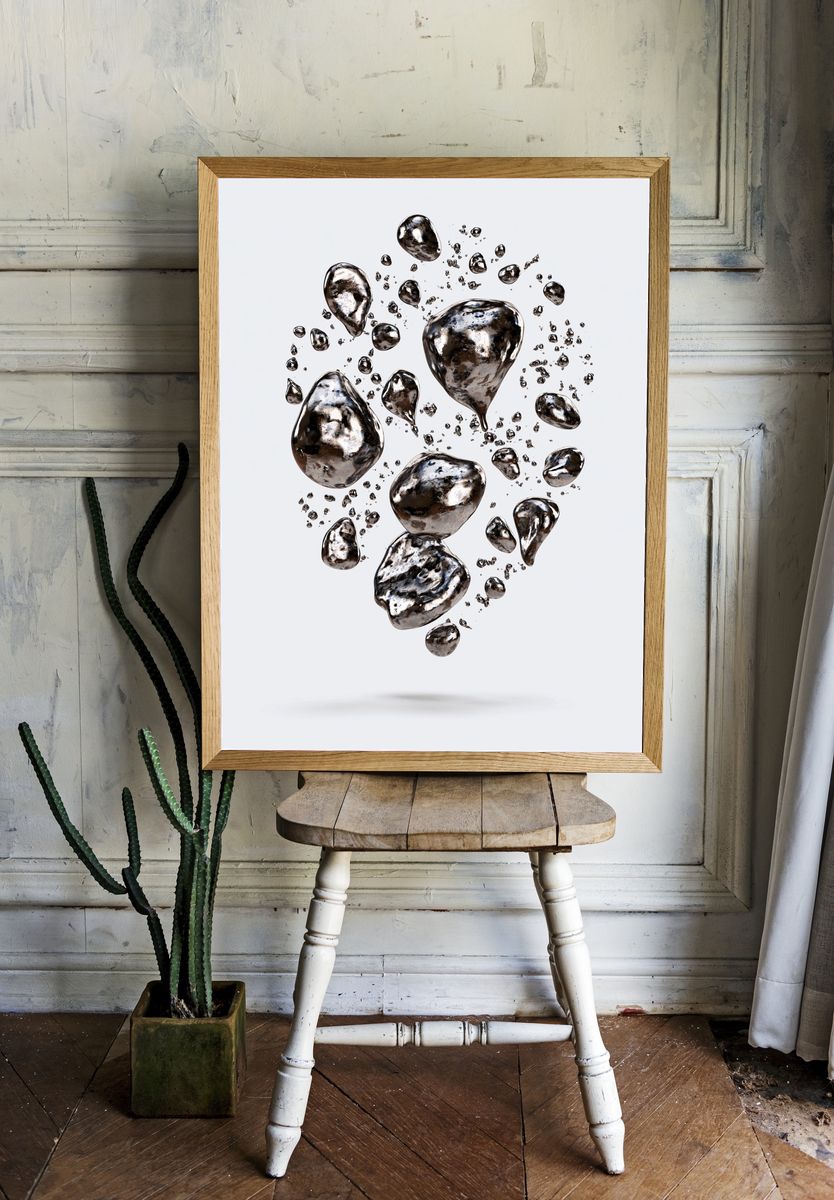 Floating Metallic Pebbles Abstract Print. — room view 1
