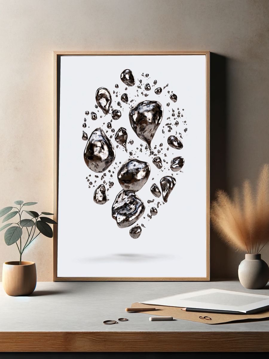 Floating Metallic Pebbles Abstract Print. — room view 2