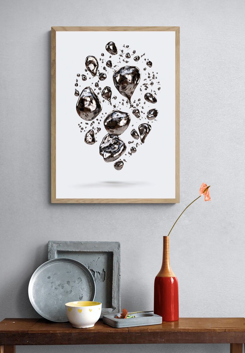 Floating Metallic Pebbles Abstract Print. — room view 3