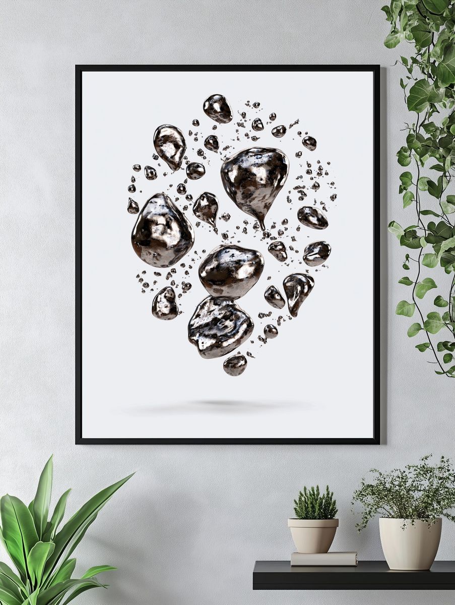 Floating Metallic Pebbles Abstract Print. — room view 4