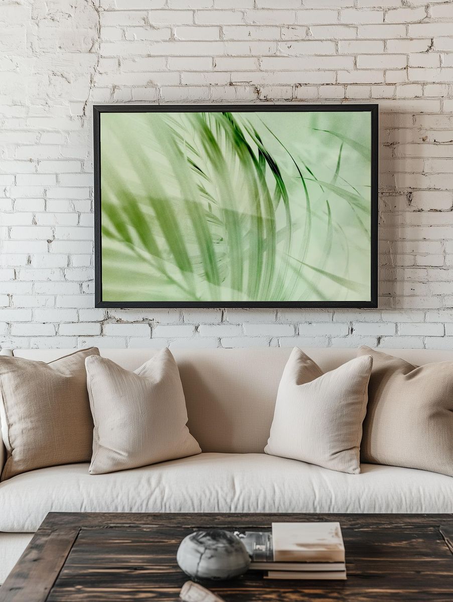 Light green palm leaf background. room preview