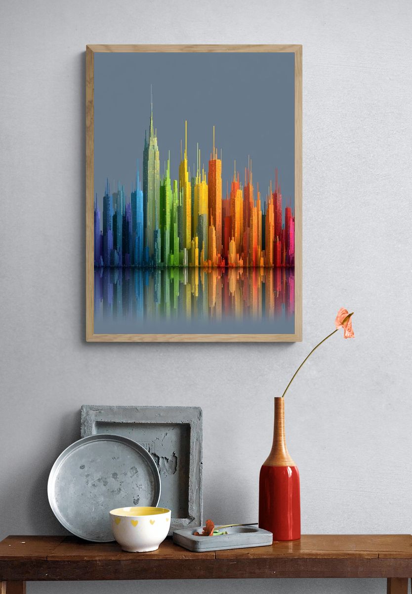 Rainbow Skyline Abstract Poster. — room view 3