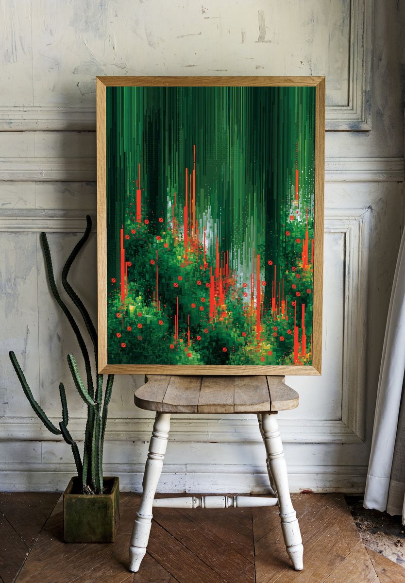 Emerald Glitch Forest Abstract Print. room preview