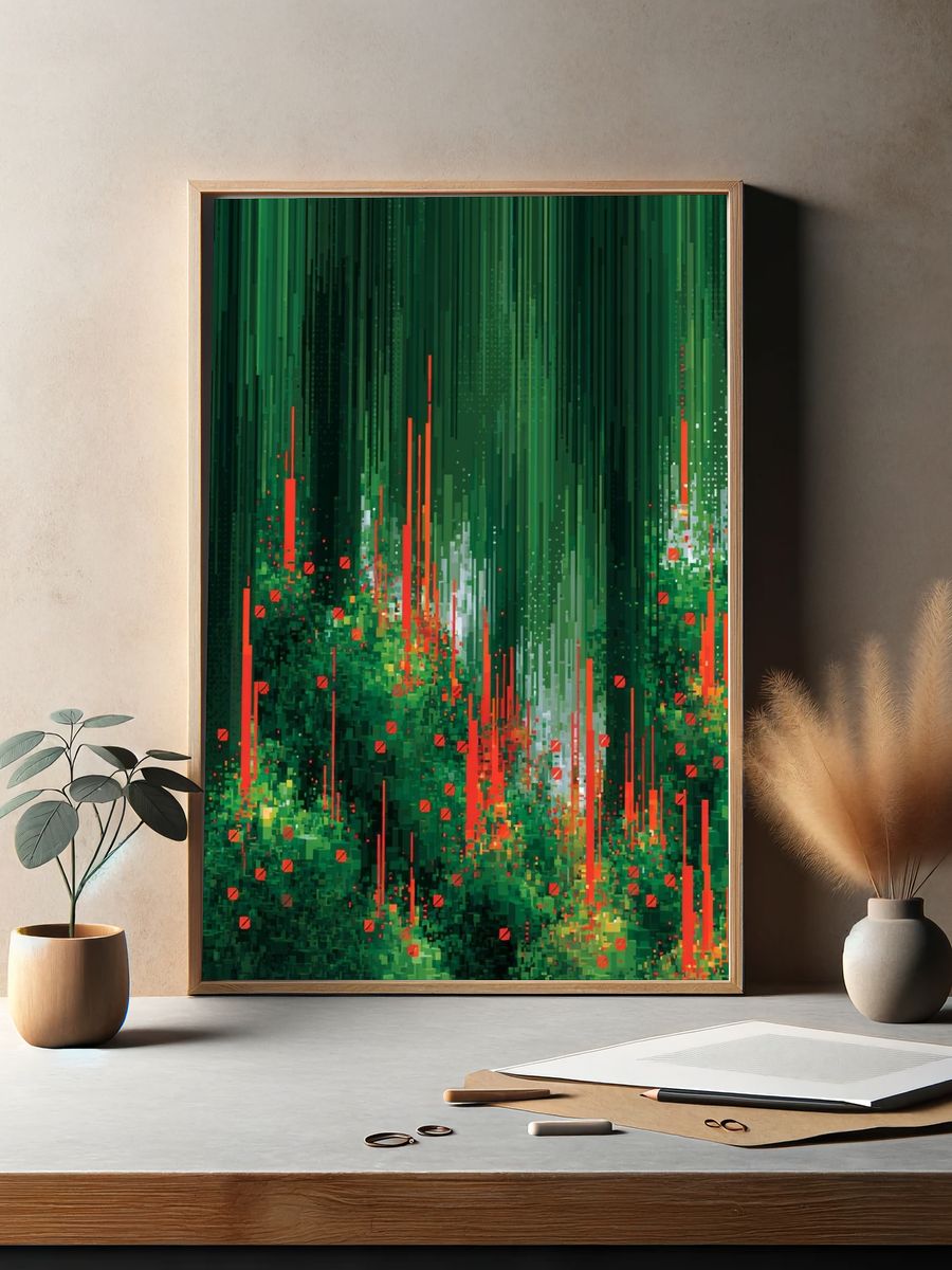 Emerald Glitch Forest Abstract Print. — room view 2