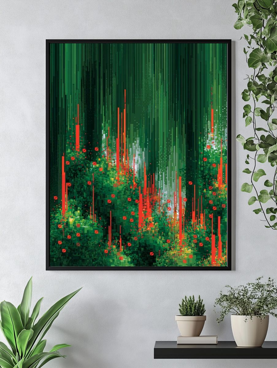 Emerald Glitch Forest Abstract Print. — room view 4