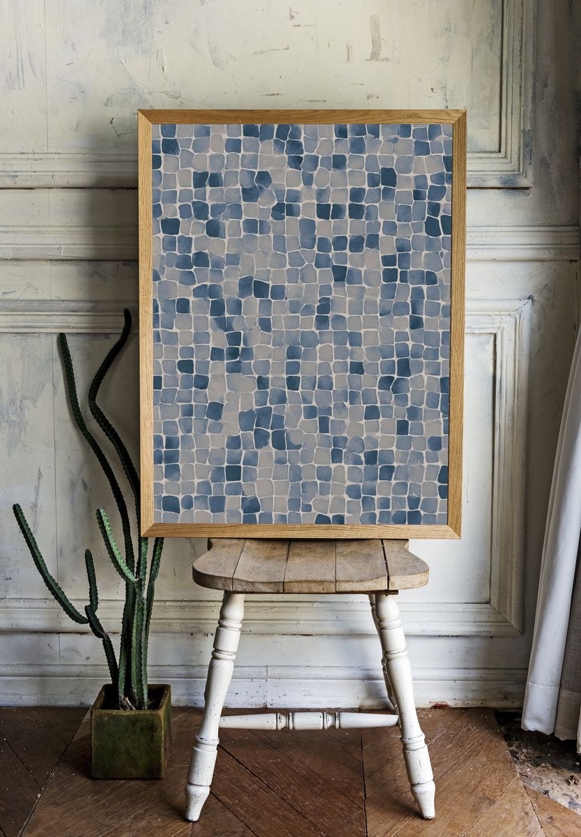 Blue Mosaic Texture Abstract Print. — room view 1