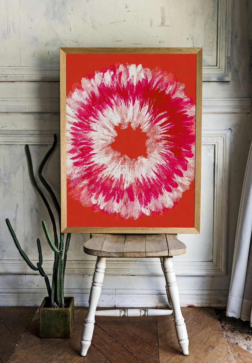 Crimson Floral Burst Abstract Print. — room view 1