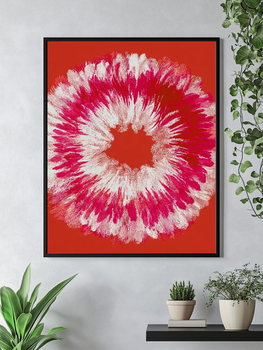 Crimson Floral Burst Abstract Print. — room view 4