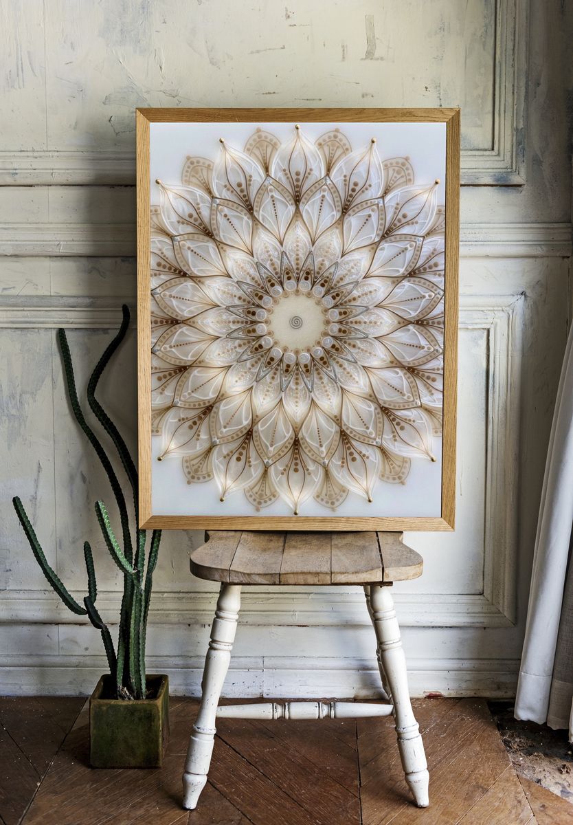 Beige Lotus Mandala Abstract Print. room preview