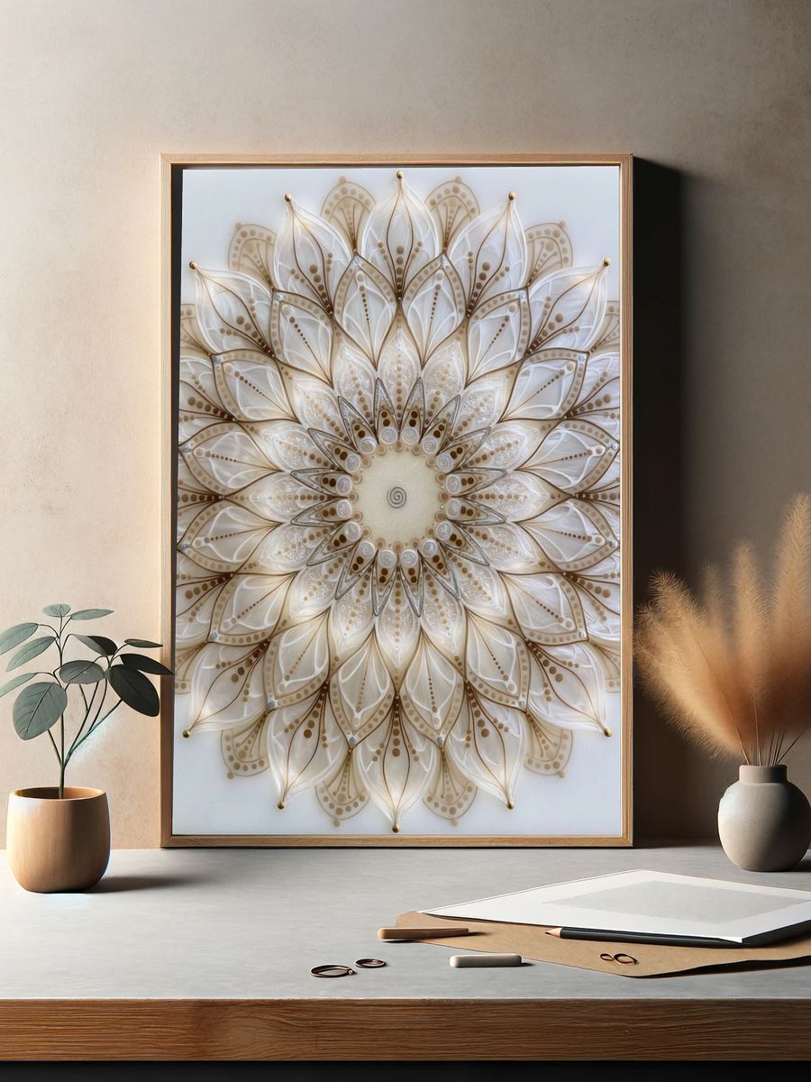 Beige Lotus Mandala Abstract Print. — room view 2