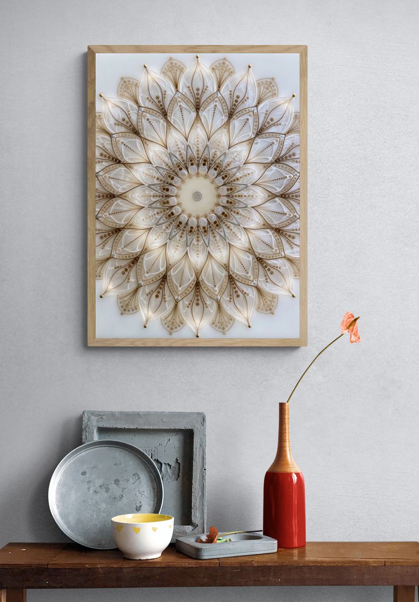 Beige Lotus Mandala Abstract Print. — room view 3