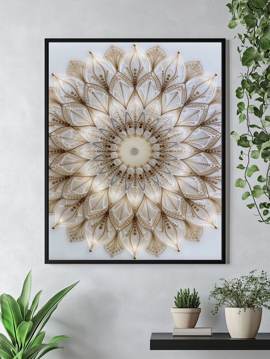 Beige Lotus Mandala Abstract Print. — room view 4