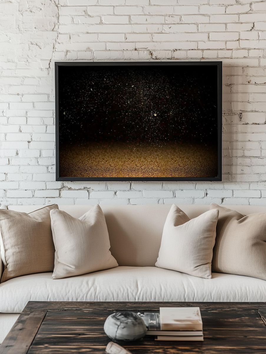 Gold confetti on dark background. room preview