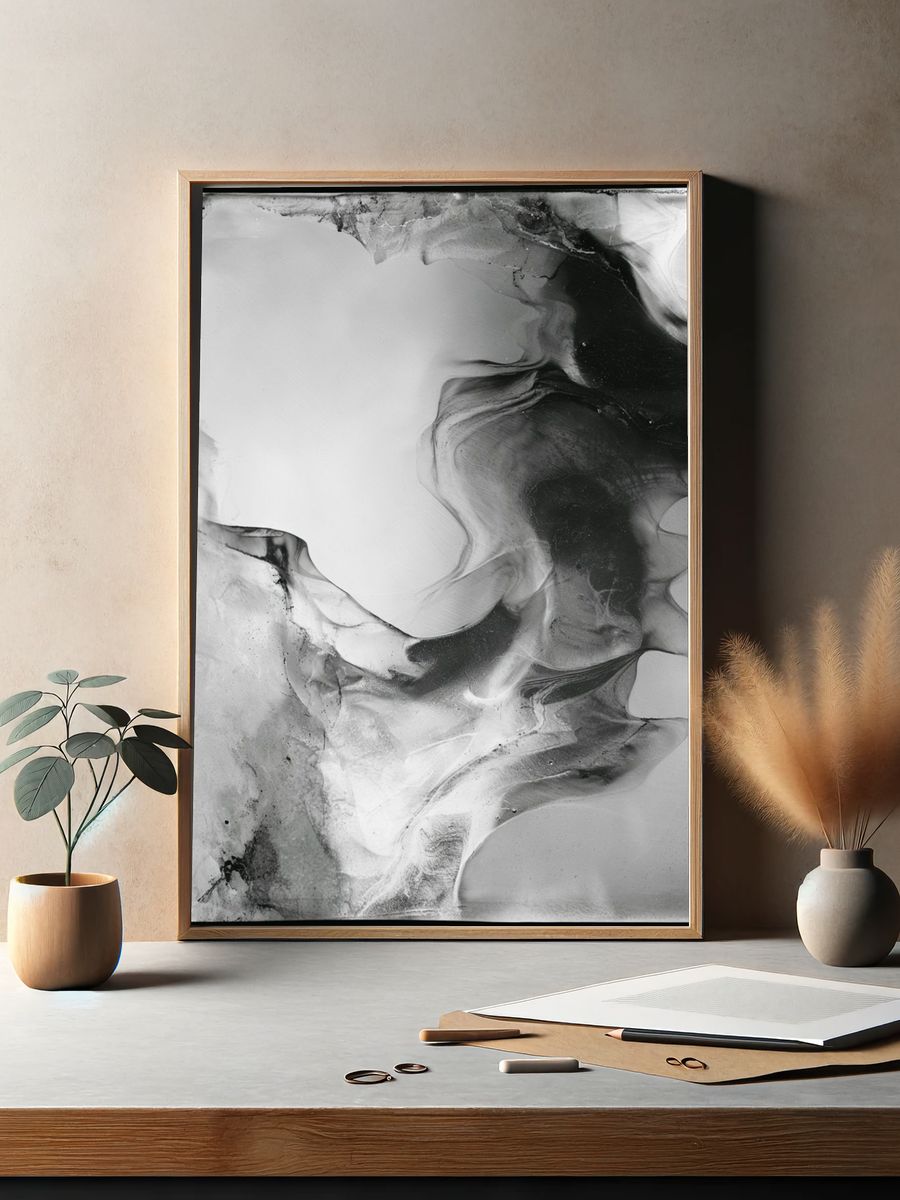 Monochrome Ink Flow Abstract Poster. — room view 2