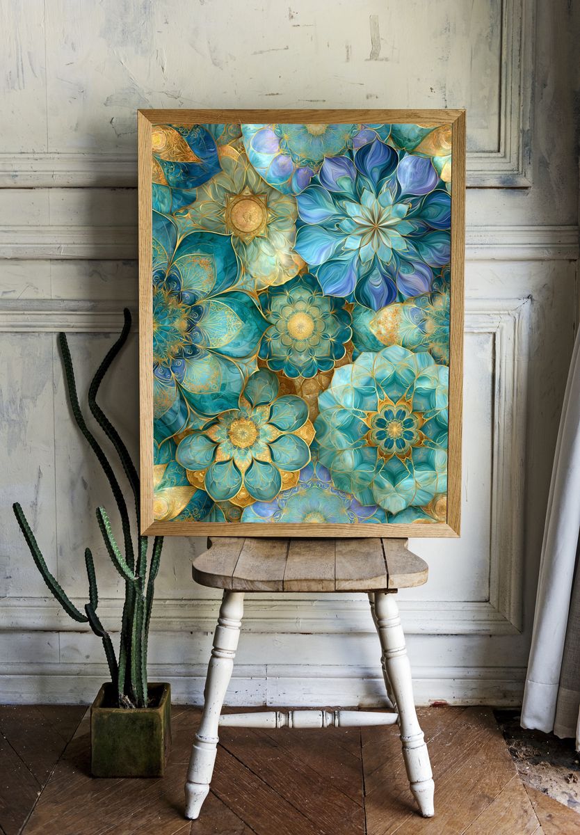 Teal Floral Mandala Abstract Poster. room preview