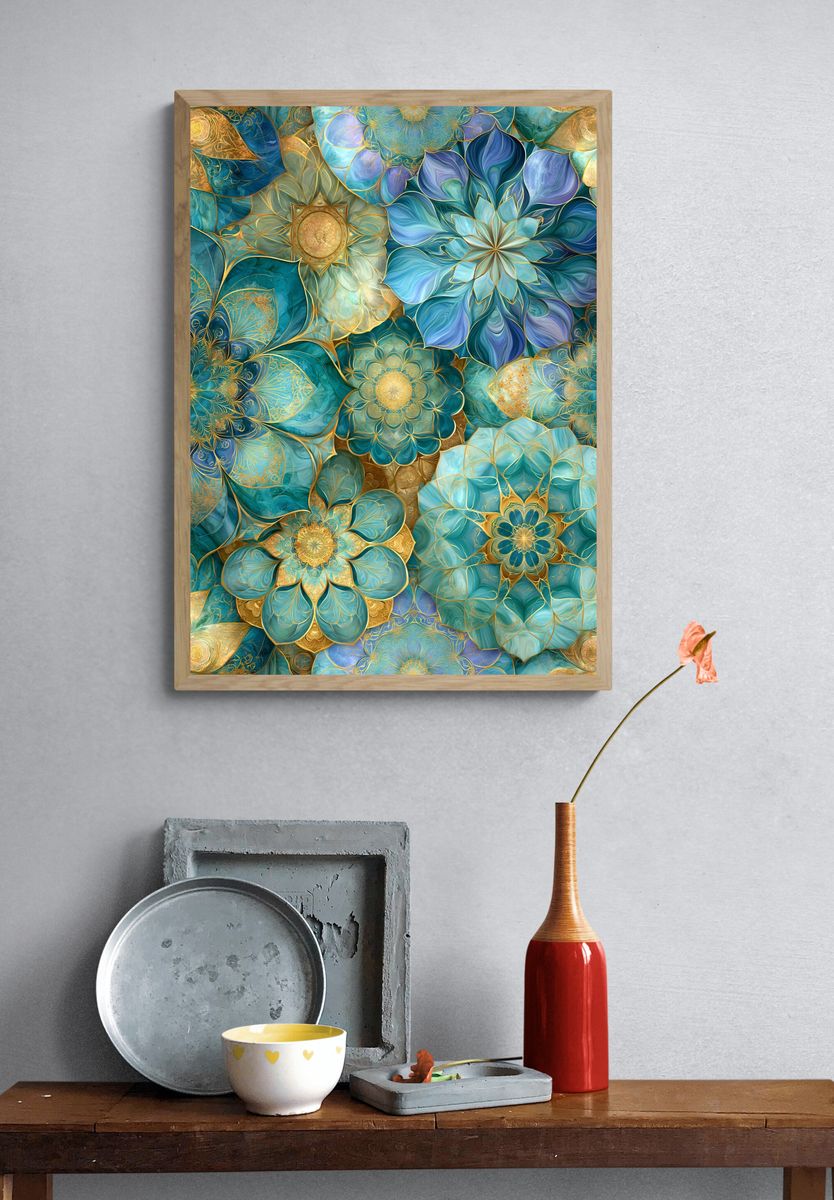 Teal Floral Mandala Abstract Poster. — room view 3