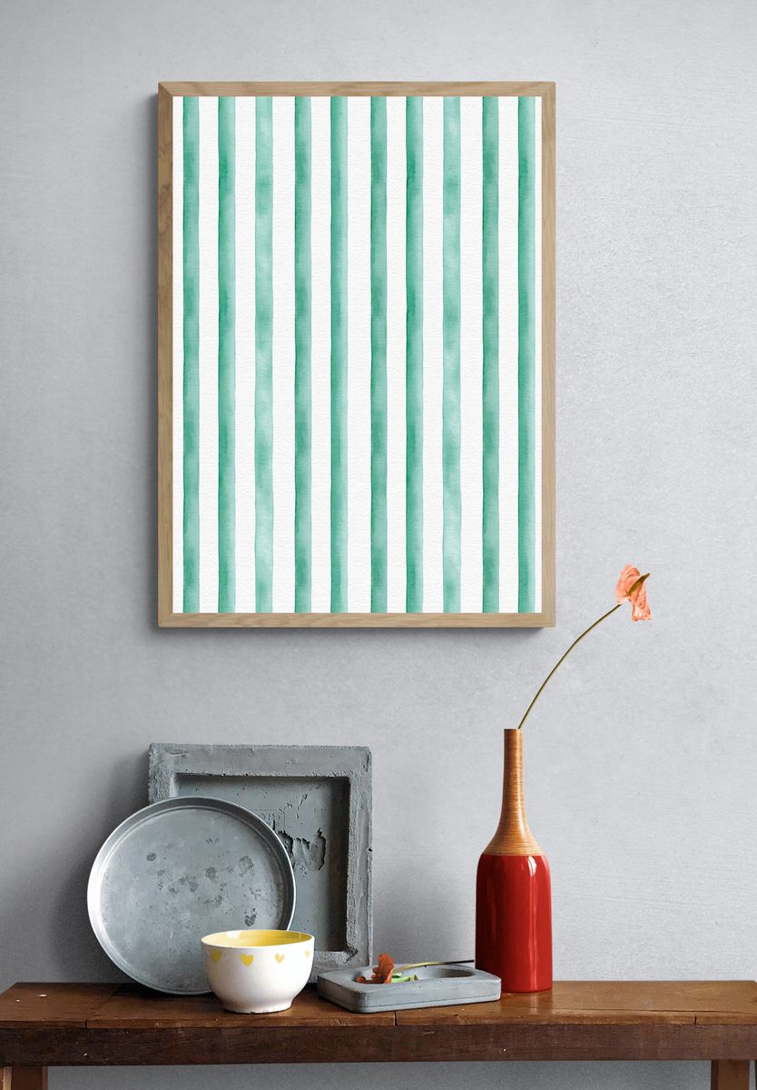 Mint Watercolor Stripes Poster. — room view 3