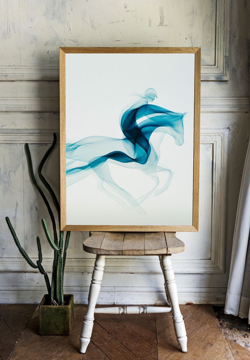 Blue Smoke Horse Abstract Print. room preview