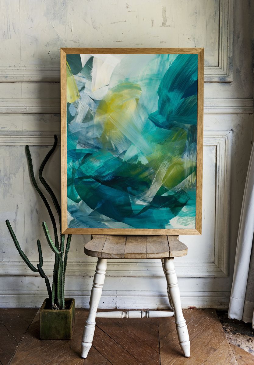 Teal Brushstroke Abstract Poster. — room view 1