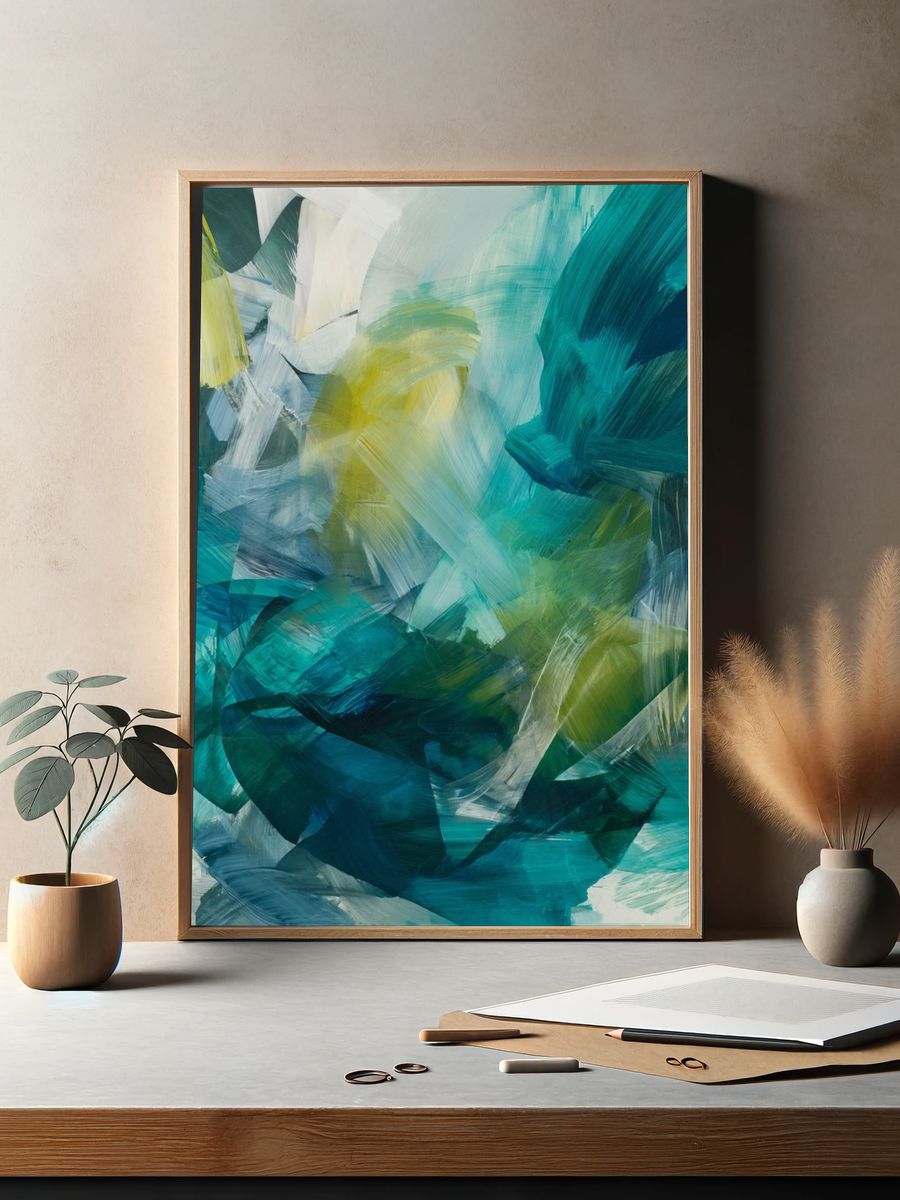 Teal Brushstroke Abstract Poster. — room view 2