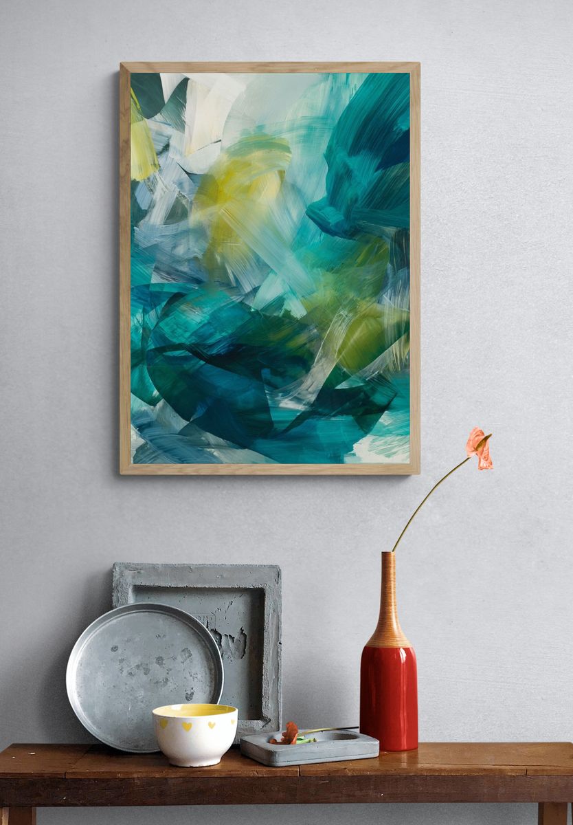 Teal Brushstroke Abstract Poster. — room view 3