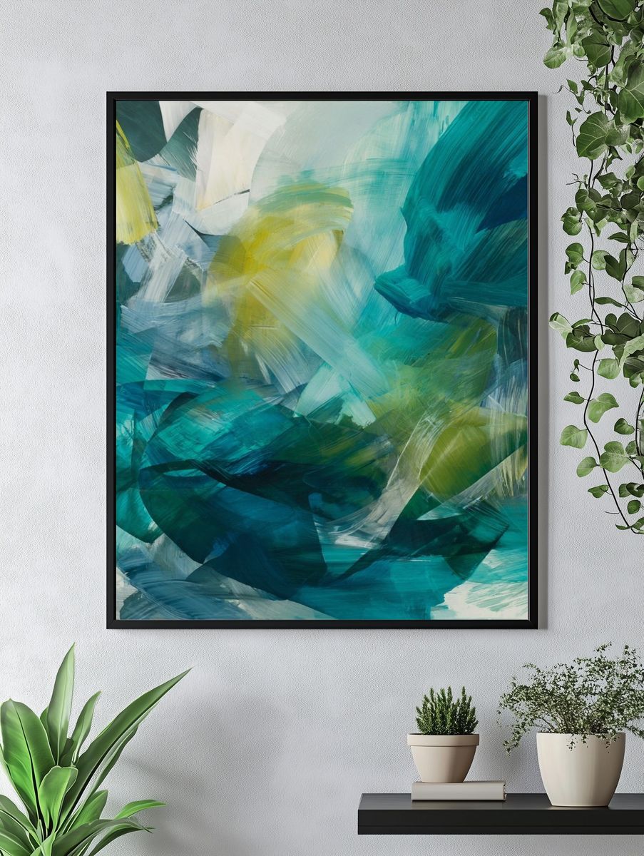 Teal Brushstroke Abstract Poster. — room view 4