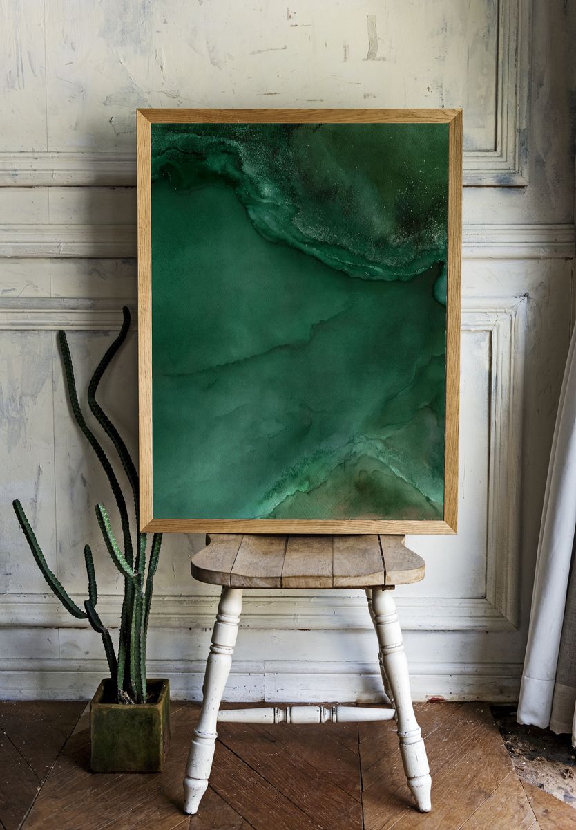 Emerald Ink Wash Abstract Poster. — room view 1