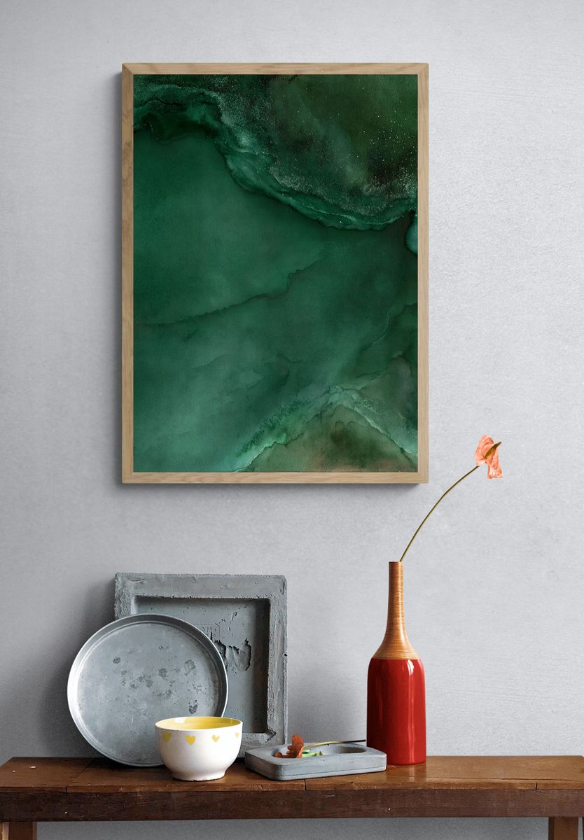 Emerald Ink Wash Abstract Poster. — room view 3