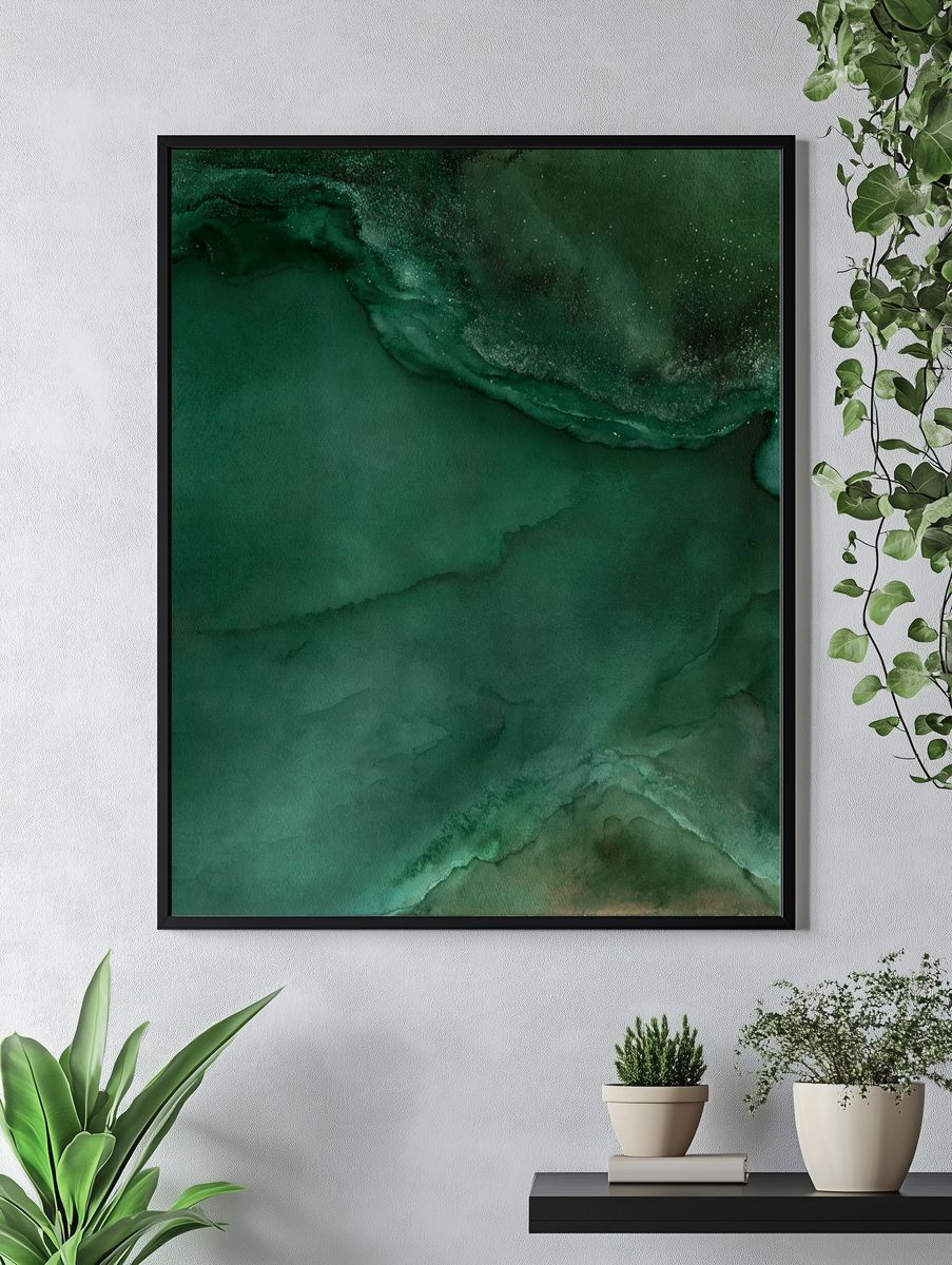 Emerald Ink Wash Abstract Poster. — room view 4