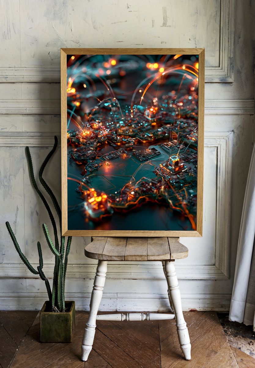 Neon Circuit Cityscape Print. room preview