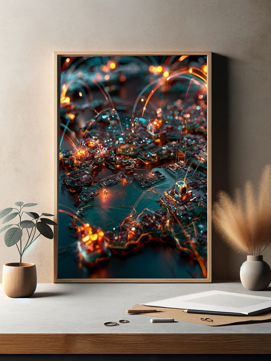 Neon Circuit Cityscape Print. — room view 2