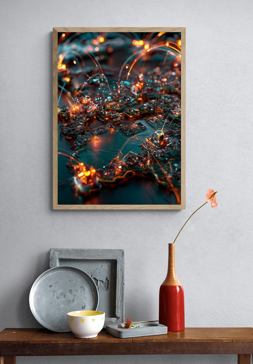 Neon Circuit Cityscape Print. — room view 3