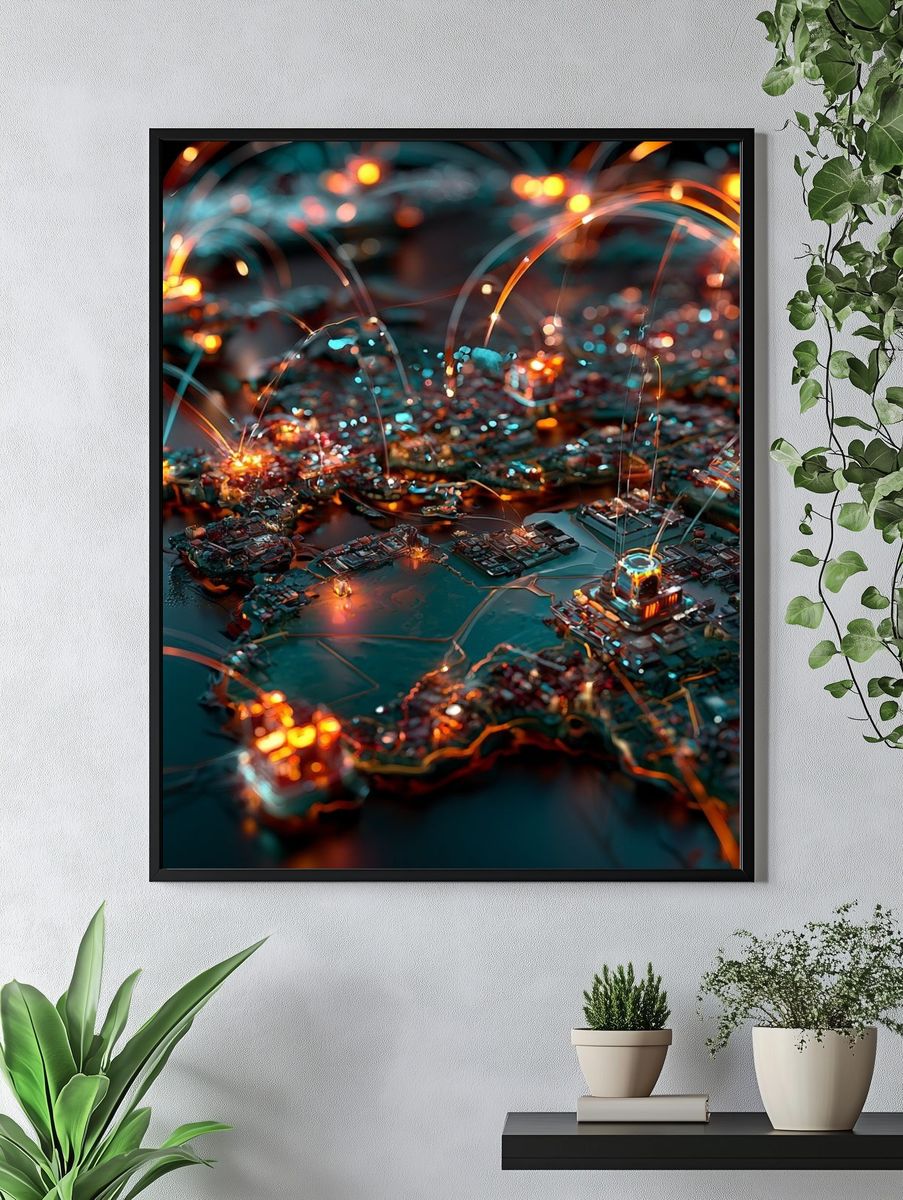 Neon Circuit Cityscape Print. — room view 4
