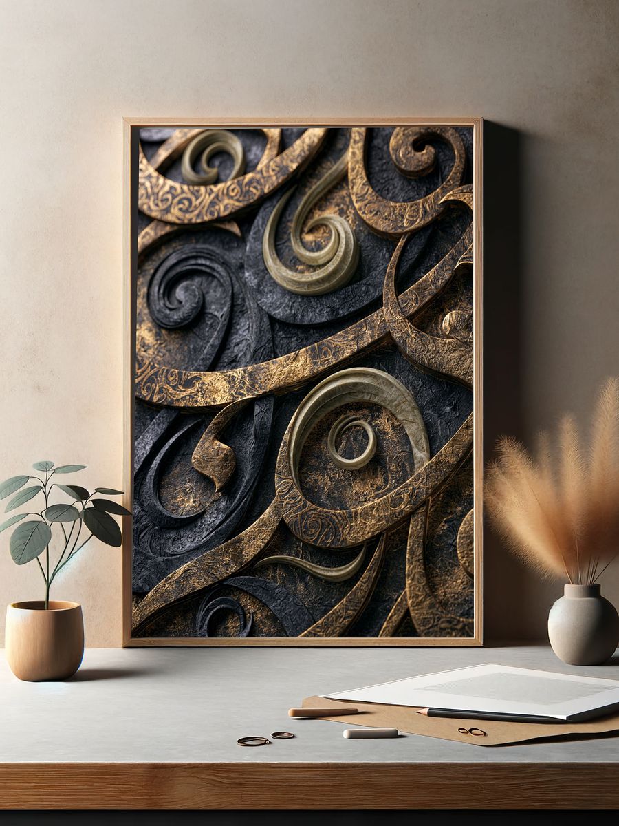 Ornate Gold Swirls Abstract Poster. — room view 2