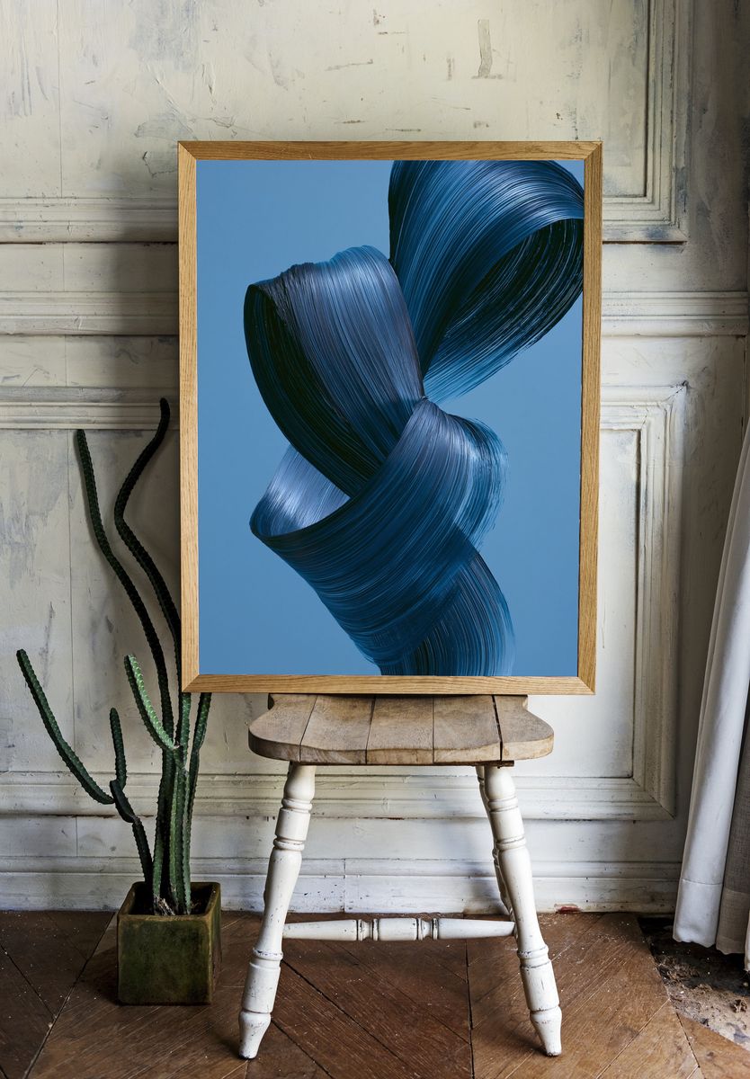 Blue Ribbon Abstract Print. room preview