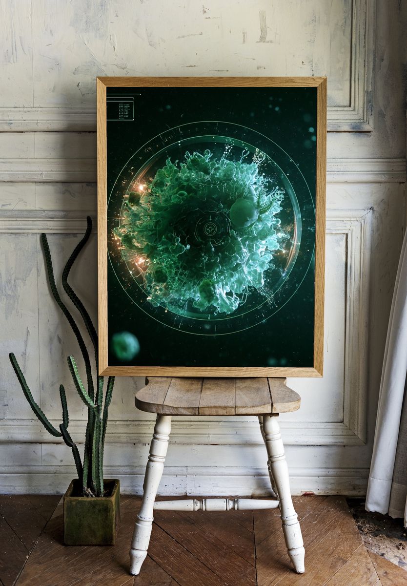 Futuristic Green Orb Abstract Poster. — room view 1