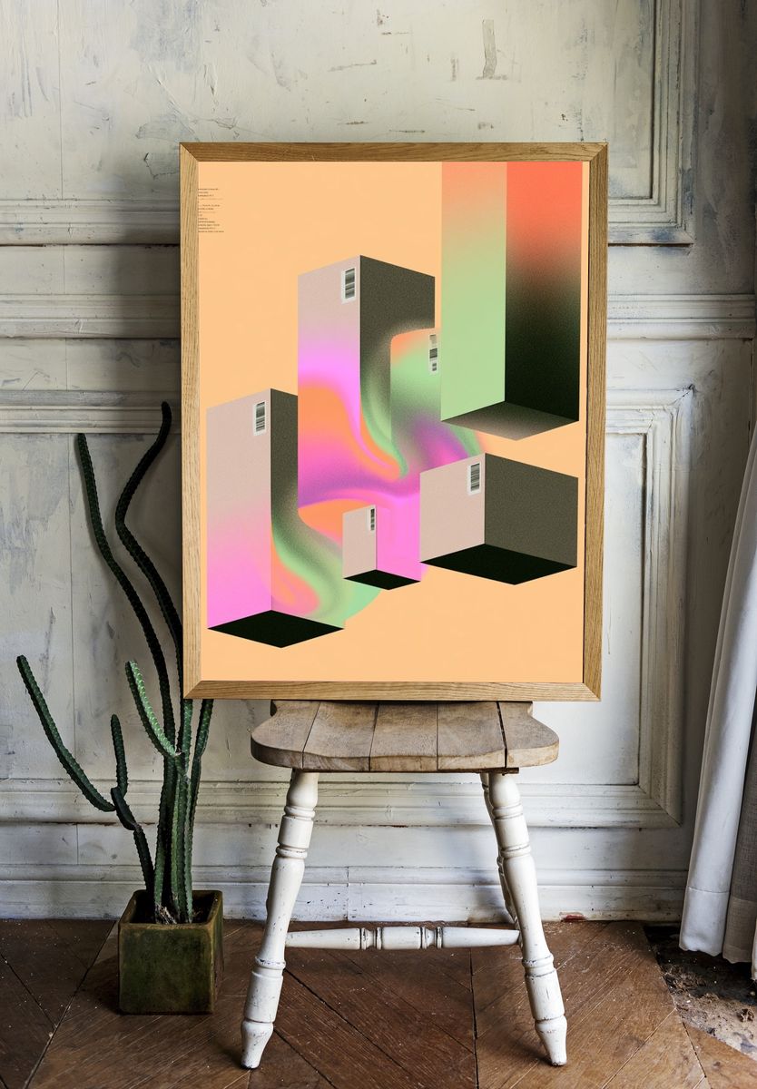 Neon Cubes Abstract Poster. room preview