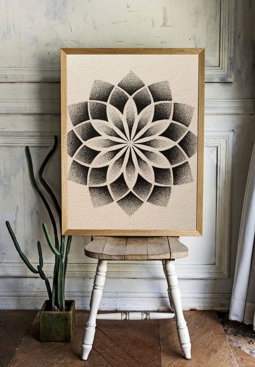 Monochrome Mandala Abstract Print. — room view 1