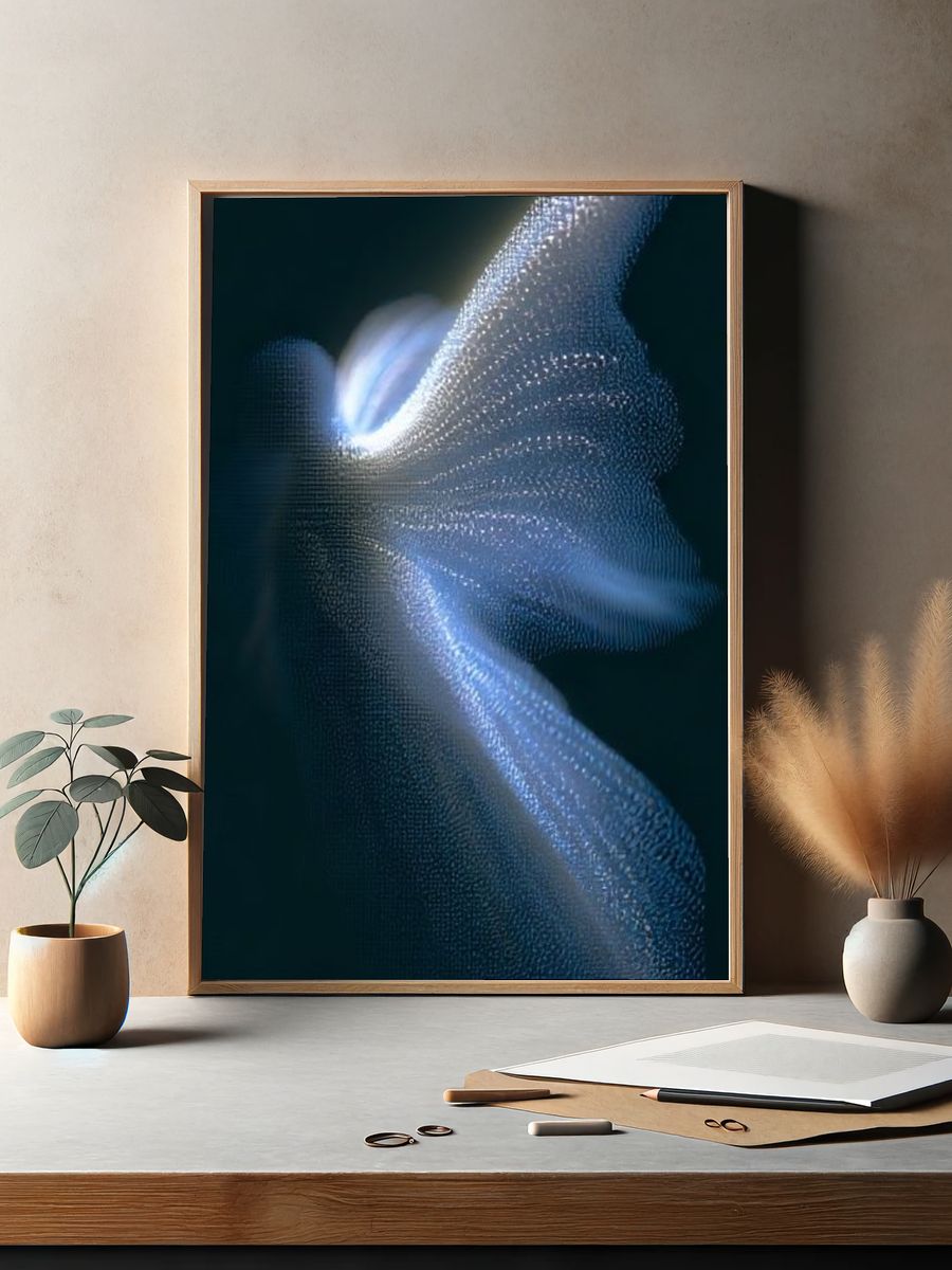 Luminous Blue Particle Flow Poster. — room view 2